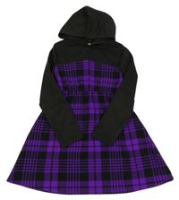 Čierno-fialové kockované šaty s kapucňou