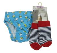 Nové - 2 set - modré slipy + červeno-modré pruhované ponožky 