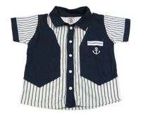 Tmavomodro-bílé pruhované propínací polo tričko s našitou vestou a kotvou 