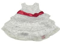 Bílé slavnostní vzorované tylové šaty s růžovým páskem s květem 