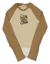 Smetanovo-hnedé rebrované crop tričko s medvěďom H&M