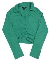 Zelené žebrované crop triko s nařasením a límečkem New Look