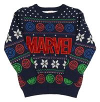 Tmavomodrý sveter so superhrdinami  a norský vzorom Marvel