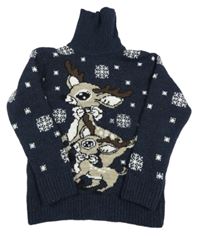 Tmavomodrý vlnený rolák s hviezdami so sobmi