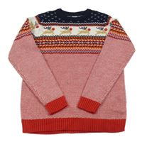 Čeerveno-bílo-tmavomodrý vzorovaný třpytivý svetr se soby Dunnes Stores