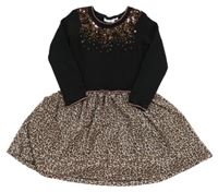 Černo-stříbrno-béžové teplákové šaty s flitry a sukní s leopardím vzorem 