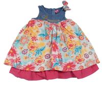 Modro-růžovo-barevné květované manšestrovo/riflové šaty s nápisem 