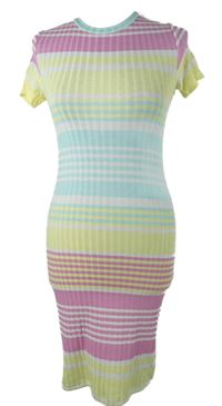 Dámské růžovo-žluto-modré pruhované žebrované šaty Primark 