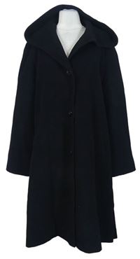 Dámsky čierny vlnený kabát s kapucňou