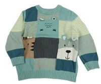 Modro-zeleno-béžový kockovaný sveter so zvieratkami George