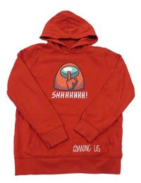 Červená mikina s Among us a kapucí