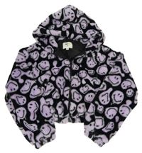 Černá kožešinová podšitá crop bunda se smajlíky a kapucí H&M vel.176