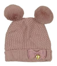 Ružová trblietavá čapica s mašlou a bambulemi