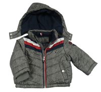 Šedá melírovaná šusťáková zimní bunda s proužky a kapucí Tommy Hilfiger