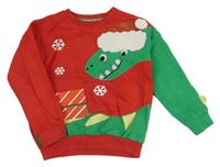 Červeno-zelená mikina s dinosaurem s vánočním motivem F&F