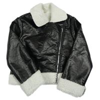 Čierna koženková zateplená crop bunda s beránkem Shein