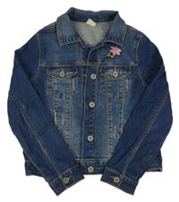 Tmavomodrá tepláková rifľová crop bunda s kvietkom Zara