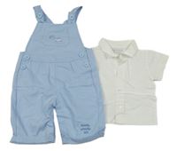 2set - Svetlomodré plátenné na traké nohavice s auty + biela košeľa