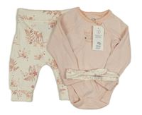 3set - Svetloružová -biele pruhované body + biele tepláky so srnkami + čelenka F&F