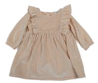 Broskvovo-strieborné pruhované zamatové šaty s volánikmi F&F