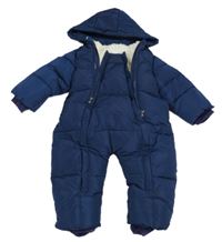 Tmavomodrá šušťáková prešívaná zimná kombinéza s kapucňou