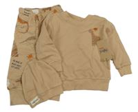 Nové - 3set - Béžová vzorovaná mikina s + tepláky s dinosaury + čepice 