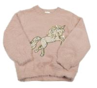 Světlerůžový chlupatý svetr s jednorožcem z flitrů F&F