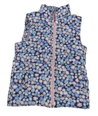 Tmavomodrá šušťáková prešívaná zateplená vesta s kvietkami Dopodopo