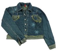 Tmavomodrá riflová crop bunda s výšivkou 