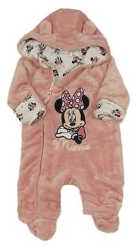 Svetloružová plyšová zateplená kombinéza s Minnie a kapucňou Disney
