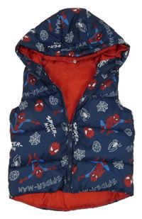 Tmavomodrá šusťáková prošívaná zateplená vesta se Spider-manem a kapucí 