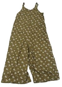 Khaki kvetovaný ľanový nohavicový culottes overal Nutmeg