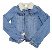 Modrá riflová zateplená crop bunda s huňatým límečkem H&M