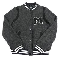 Tmavošedo-černý melírovaný vlněný jarní bomber s písmenkem a pruhy New Look