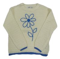 Smetanovo-modrý ažurový sveter s kvietkom PRIMARK