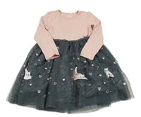 Světlerůžovo-tmavošedé šaty s puntíky a tylem a kočičkami a duhami Topolino