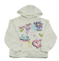 Smetanová mikina s nápisy a srdíčky a květem a kapucí PRIMARK