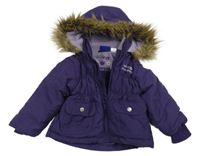 Lilková prešívaná šušťáková zimná bunda s nápisy a kapucňou s kožešinou lupilu