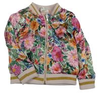 Smetanovo-světlerůžový saténový jarní bomber s kvietkami a lístečky a motýlikmi H&M