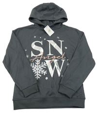 Nové - tmavosivá mikina s nápismi a vločkami a kapucňou PRIMARK