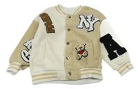 Smetanovo-béžový fleecový baseballový bomber s medvedíkom a písmenky a nápismi a pruhmi