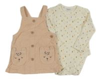 2Set - Světlepudrové manšestrové šaty s čumáčky/kapsami a knoflíky + smetanovo/barevné vzorované žebrované body F&F;;