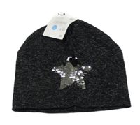 Nové - černá melírovaná úpletová čepice s hvězdou z překlápěcích flitrů 