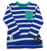 Nové - safírovo-bílo-zelené pruhované triko s kapsou a dinosaurem St. Bernard