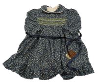 Tmavomodré šaty s kvietkami a větvičkami a ježečkem a golierikom