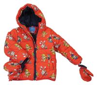Červená prošívaná šusťáková zimní bunda s PAW PATROL a kapucí + rukavice George