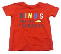Červené tričko s nápismi a dinosaurom St. Bernard