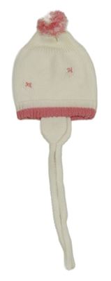 Smetanová pletená čepice se srdíčky a bambulí