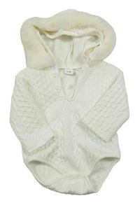 Bílé vzorované body s kapucí s kožešinou