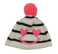 Bílo-tmavomodrá pruhovaná fleecová čepice se smajlíkem z flitrů a bambulí GAP